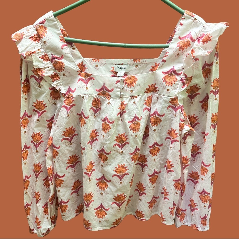 J. Crew Women's Floral Top - White and Orange Size M
